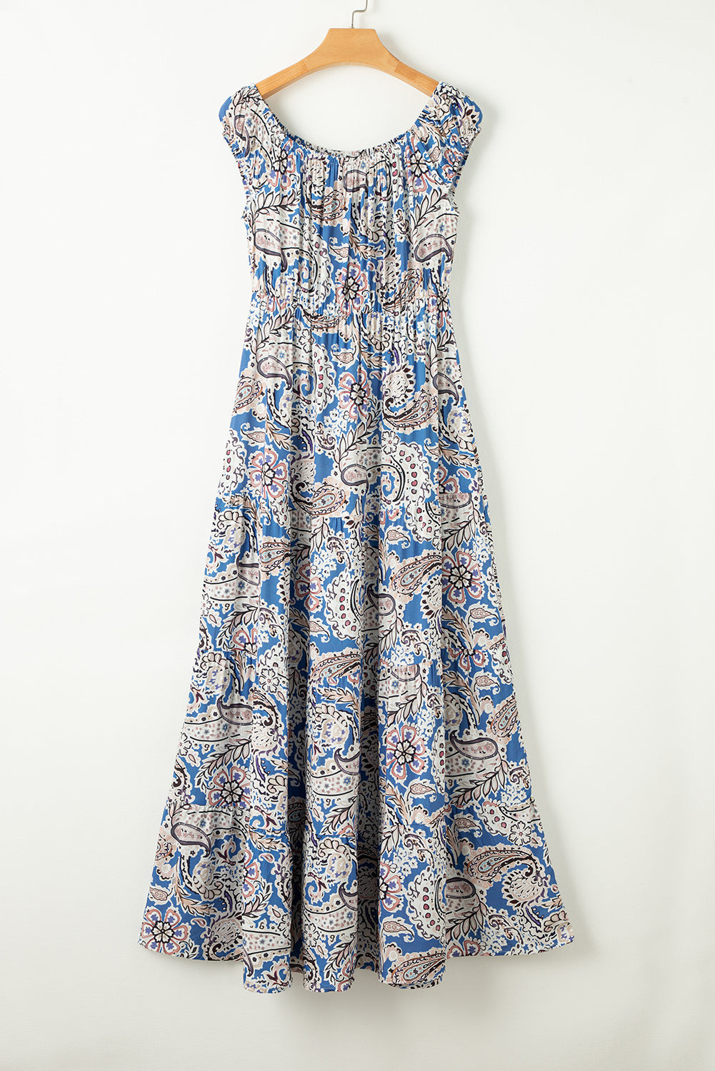 Off the shoulder maxi dress, blue and brown paisley