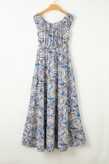 Off the shoulder maxi dress, blue and brown paisley