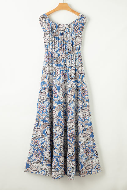 Off the shoulder maxi dress, blue and brown paisley