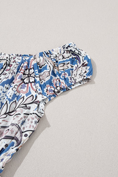 Off the shoulder maxi dress, blue and brown paisley