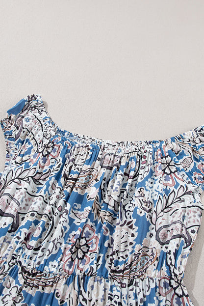 Off the shoulder maxi dress, blue and brown paisley