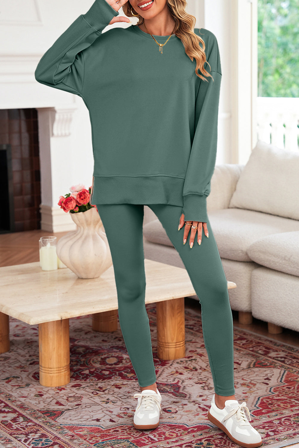 Oversized Slit Sweatshirt Ribbed Leggings Set