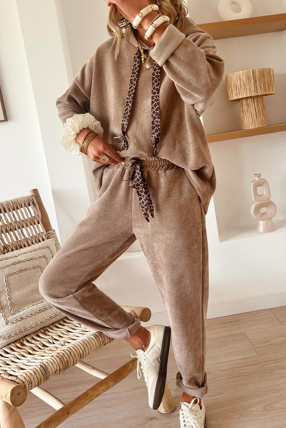 Lace or Leopard Drawstring pullover hoodie / pant set