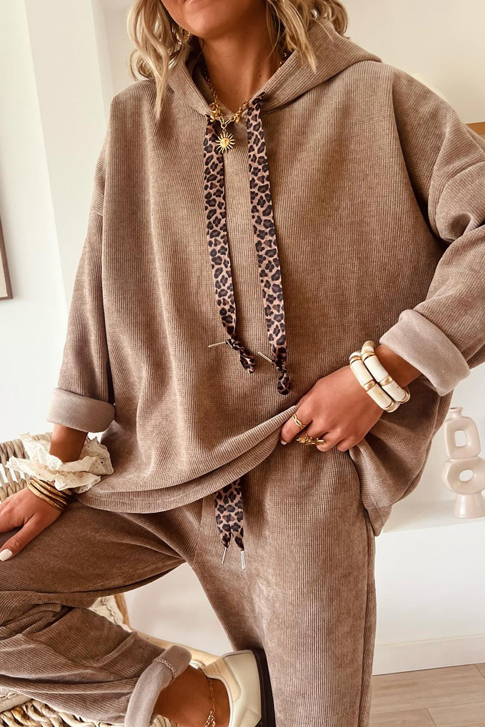 Lace or Leopard Drawstring pullover hoodie / pant set