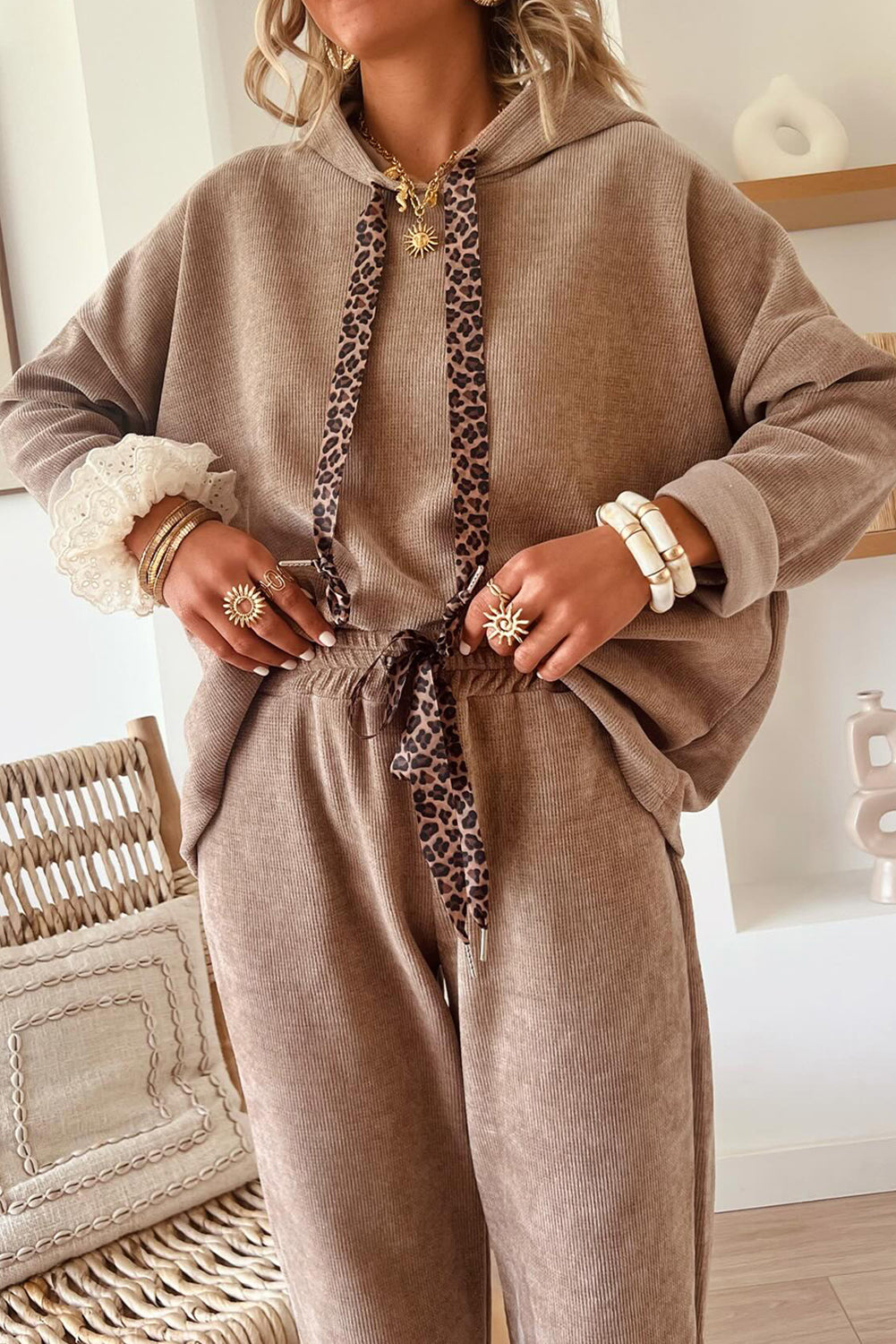 Lace or Leopard Drawstring pullover hoodie / pant set