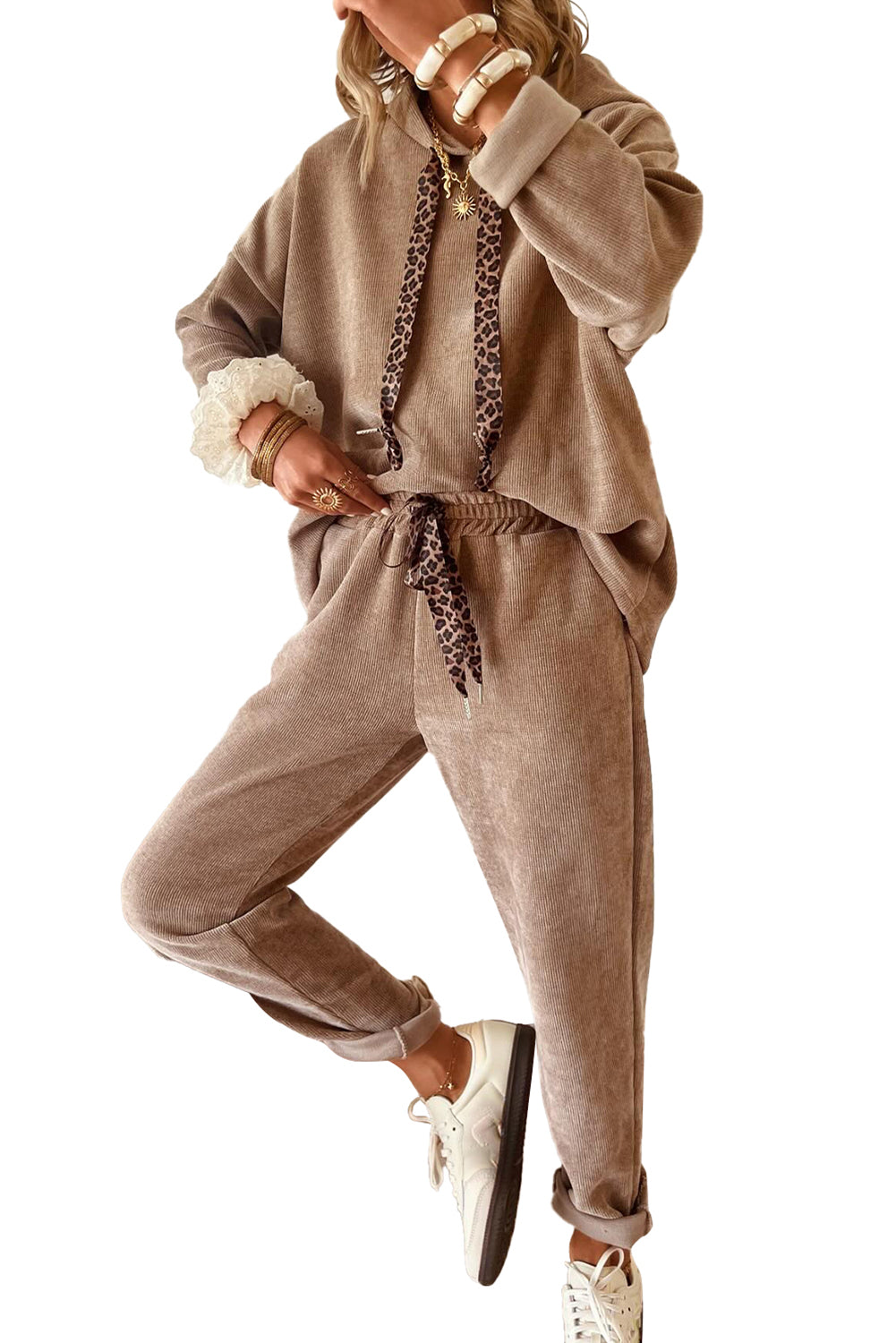 Lace or Leopard Drawstring pullover hoodie / pant set