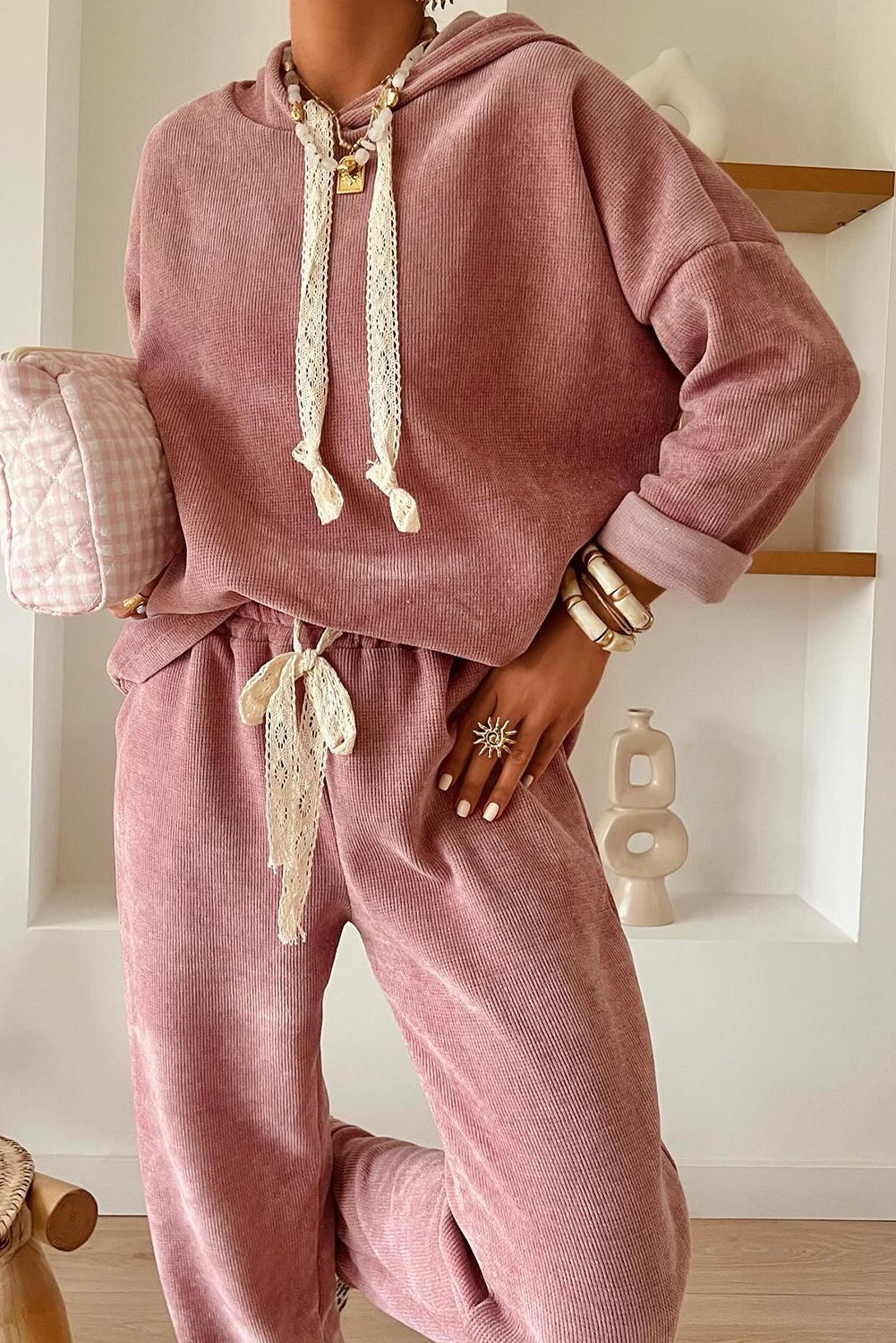 Lace or Leopard Drawstring pullover hoodie / pant set