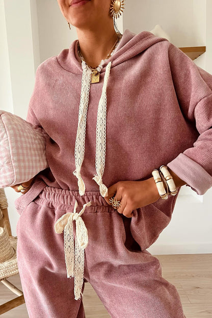 Lace or Leopard Drawstring pullover hoodie / pant set