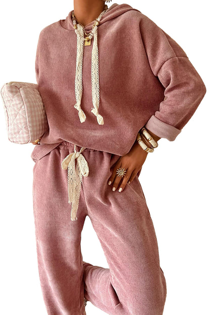 Lace or Leopard Drawstring pullover hoodie / pant set