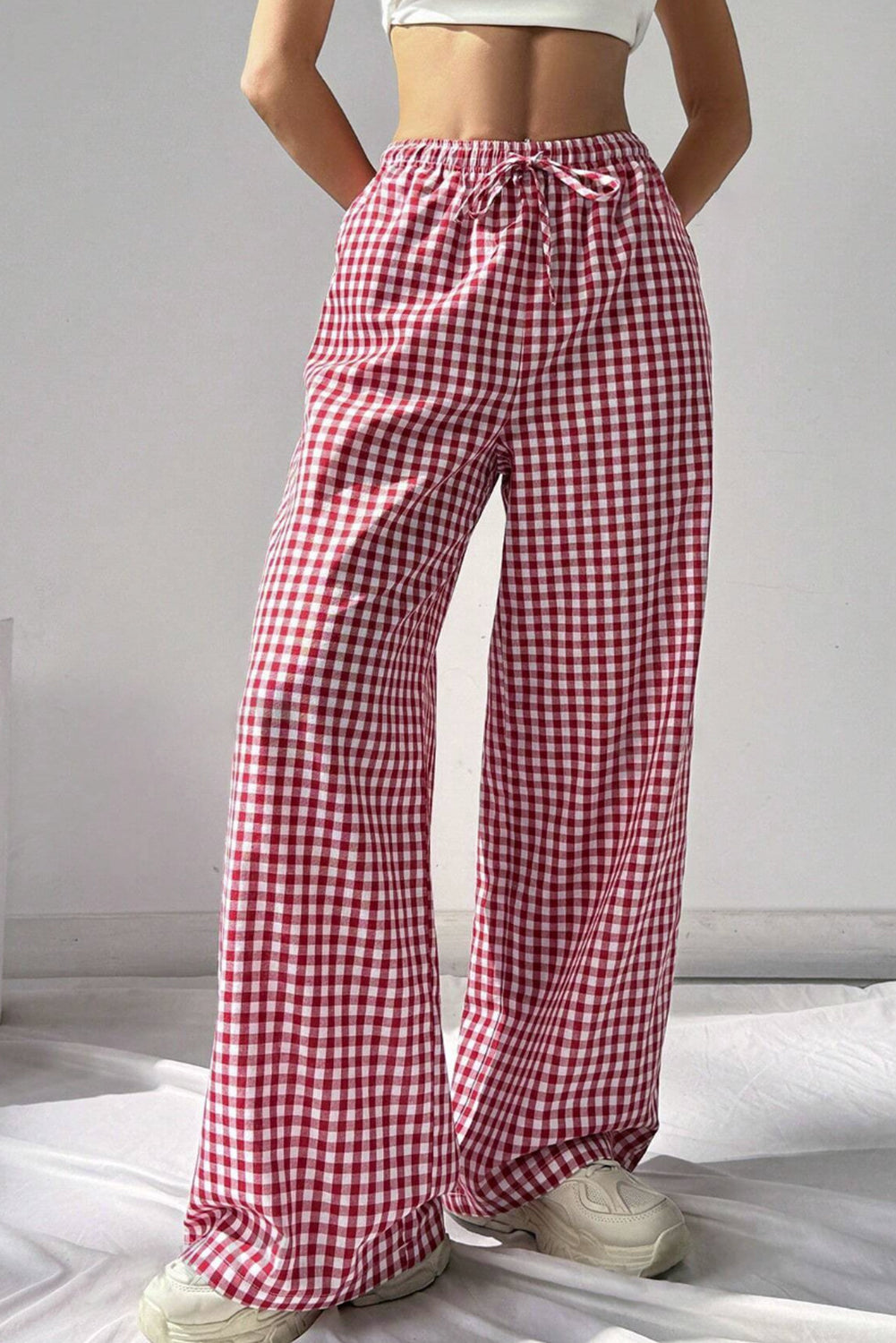 Red Gingham Knot Waist, Pocket Casual Pants
