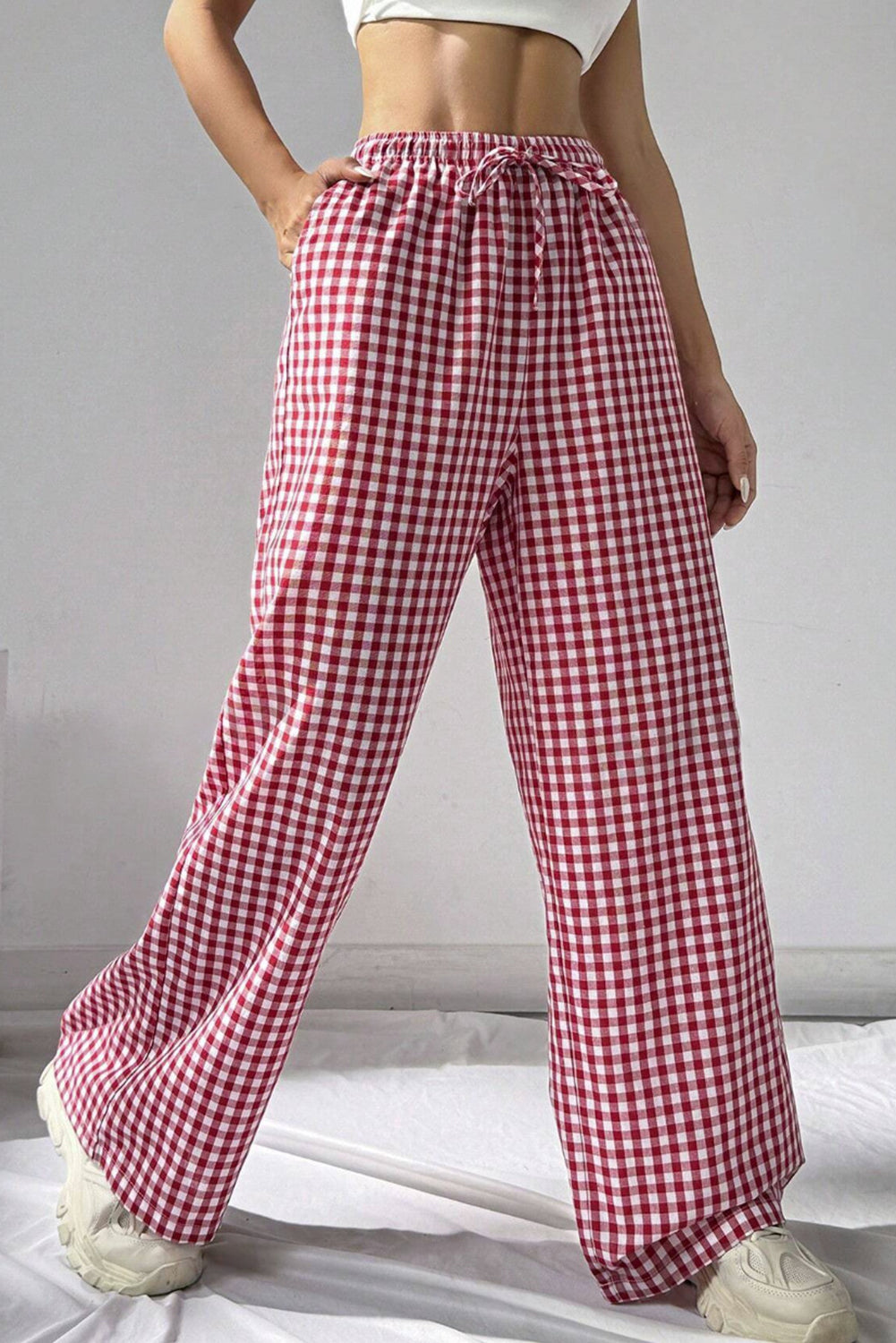Red Gingham Knot Waist, Pocket Casual Pants